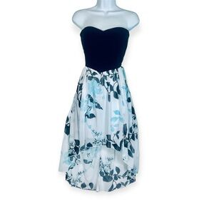 Speechless  asymmetrical dress strapless black white blue floral size 13 poly